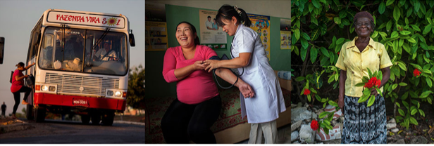 Fotos de mujeres en autobús, médico y jardín con flores.